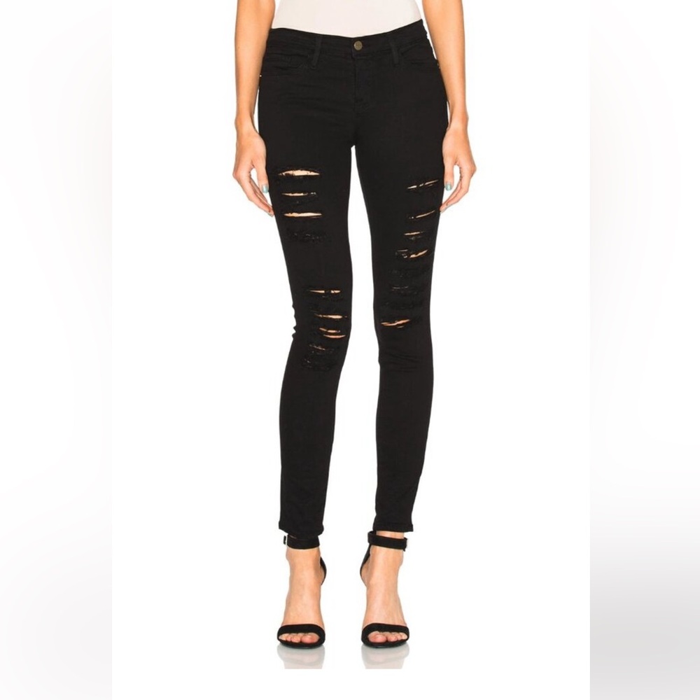 Frame Le Skinny de Jeanne Black Ripped Jeans Sz 27